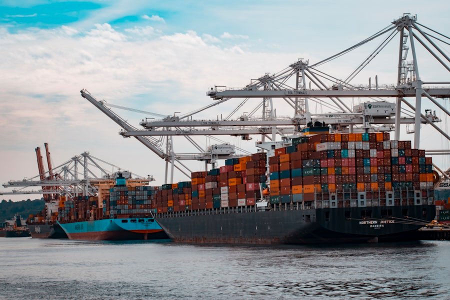 Container ships being loaded by gantry cranes at a port terminal