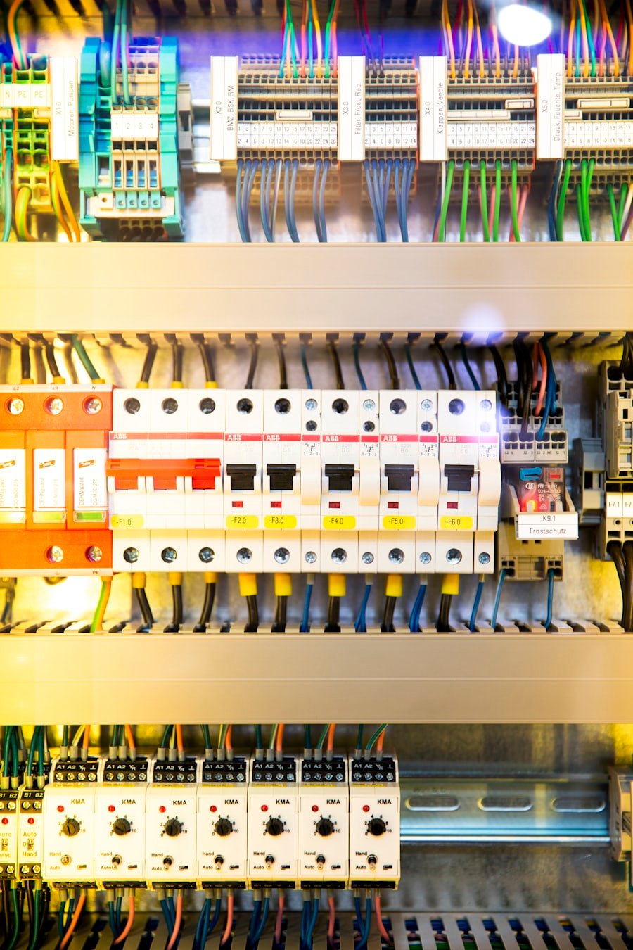 Industrial electrical control panel with breakers and relays