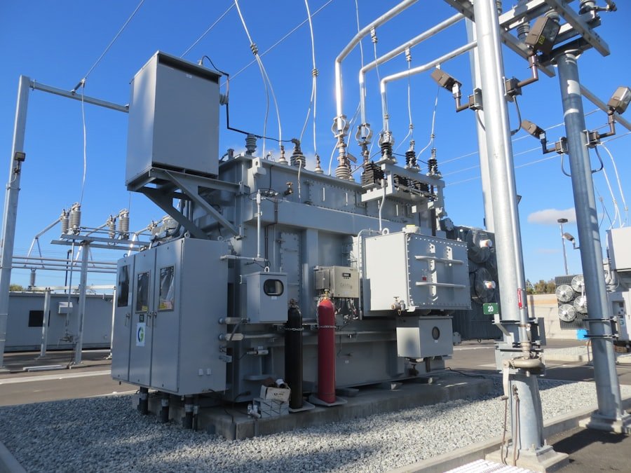 High-voltage transformer and switchgear at an electrical substation